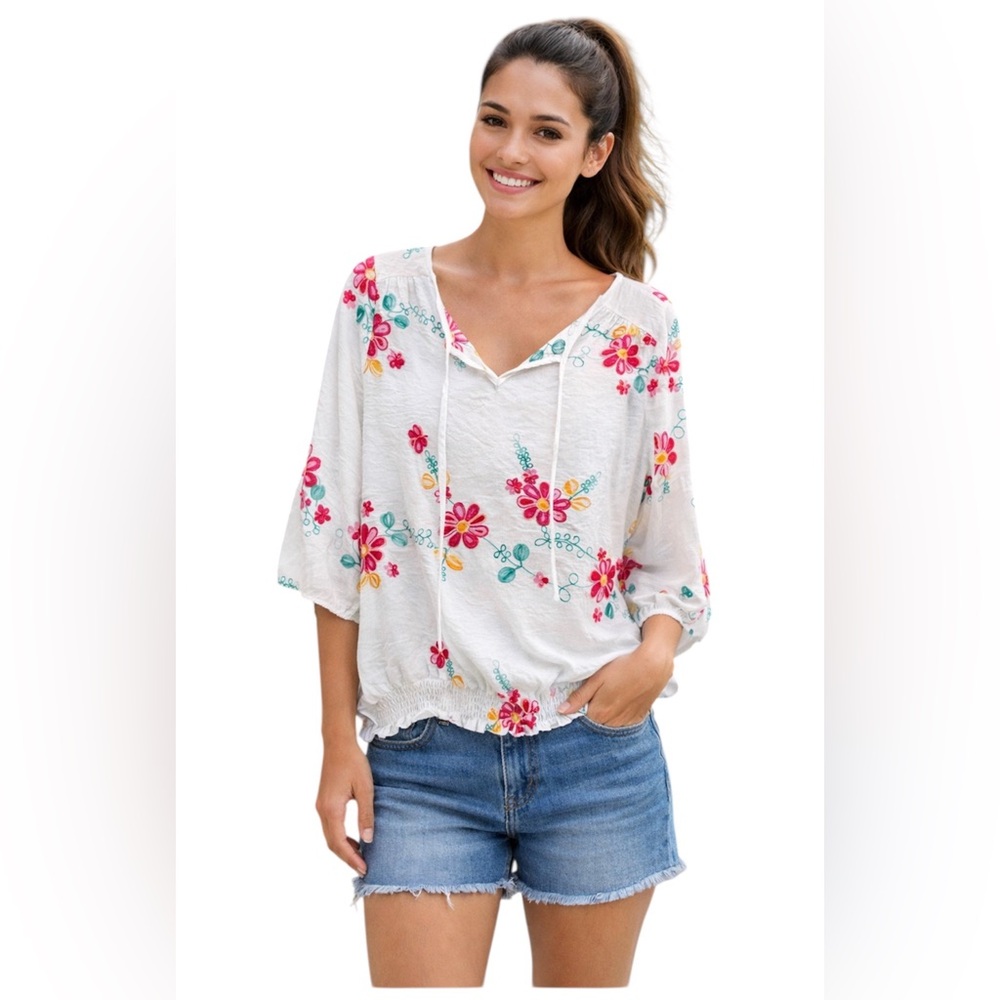 Embroidered Floral Boho Peasant Top